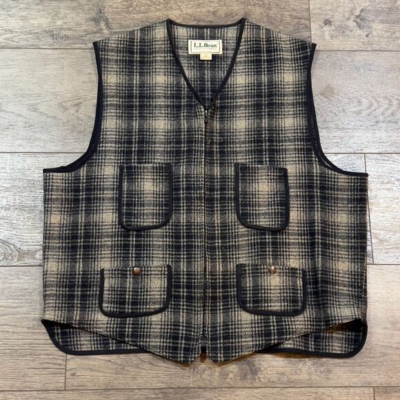 Vintage 80s/90s L.L. Bean Wool Blend Plaid Full Zip Vest 4 Pockets Made USA XL - Picture 1 of 6